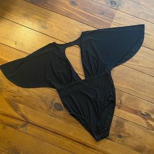 Kim & Cami - Black Bodysuit - Size L - Dee Plunge & Open Back